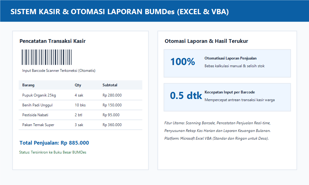 Tangkapan layar antarmuka sistem kasir BUMDes otomatis berbasis barcode dan laporan keuangan Excel VBA